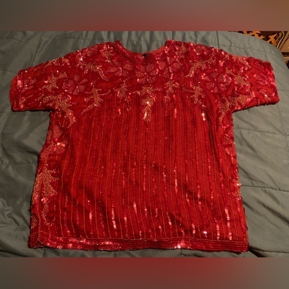 Vintage Carolyne Barton small sequin and hand beaded elegant evening blouse, red